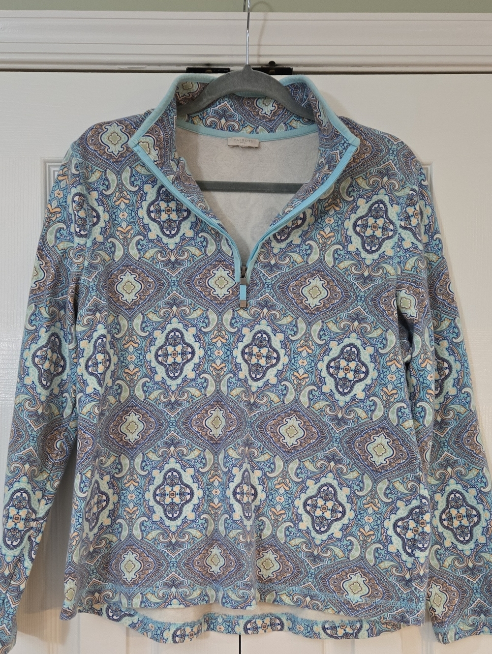 Talbots Patterned Quarter-Zip Women's Sweater in Light Blue and Cream